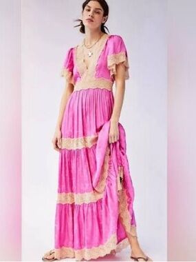 Spell OCEAN GOWN NWOT Hot Pink Maxi Dress with Cream Lace Trim